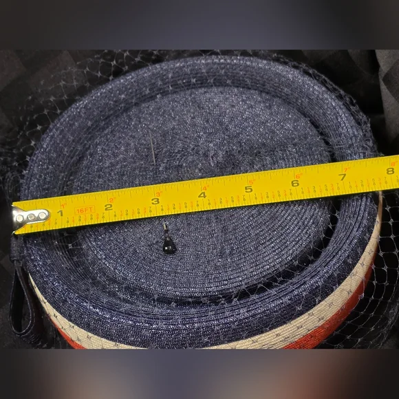 Vintage Pill Box 50s/60s Navy (Red/White/Blue) Woven Straw Veil & Bow SZ Medium - Picture 14 of 14